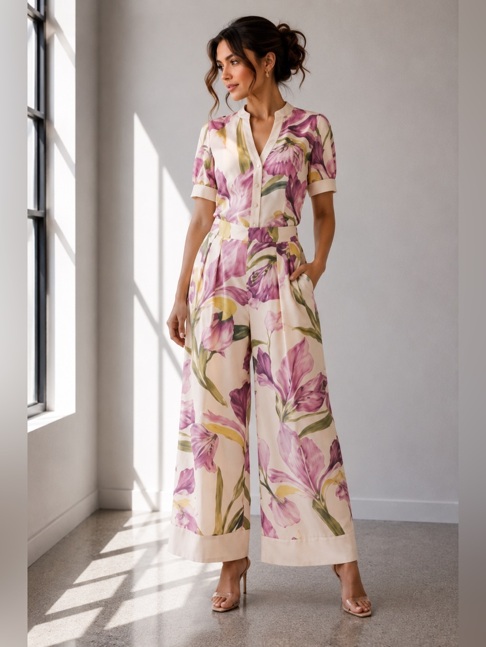 400. Blush Bloom Floral Two Piece Wide Leg Set